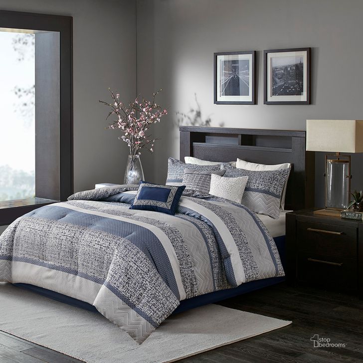 The appearance of Polyester Jacquard 7Pcs Queen Comforter Set In Navy designed by Olliix in the transitional interior design. This navy piece of furniture  was selected by 1StopBedrooms from Rhapsody Collection to add a touch of cosiness and style into your home. Sku: MP10-7420. Material: Polyester. Bed Size: Queen. Product Type: Comforter Set. Image1