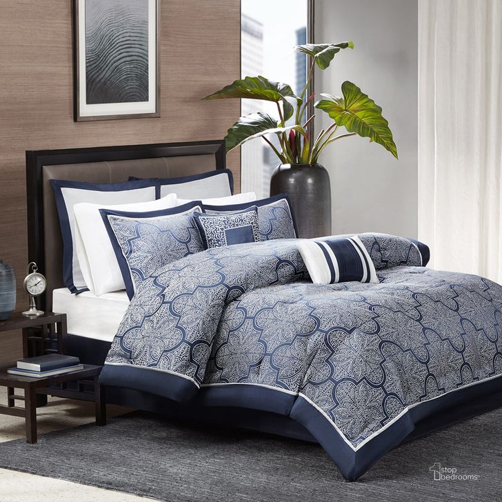 The appearance of Polyester Jacquard 8 Piece Queen Comforter Set In Navy designed by Olliix in the transitional interior design. This navy piece of furniture  was selected by 1StopBedrooms from Medina Collection to add a touch of cosiness and style into your home. Sku: MP10-1658. Material: Polyester. Bed Size: Queen. Product Type: Comforter Set. Image1