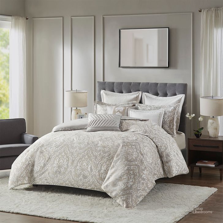The appearance of Polyester Jacquard 8Pcs Queen Comforter Set In Grey designed by Olliix in the modern / contemporary interior design. This grey piece of furniture  was selected by 1StopBedrooms from Manor Collection to add a touch of cosiness and style into your home. Sku: MPS10-456. Material: Polyester. Bed Size: Queen. Product Type: Comforter Set. Image1