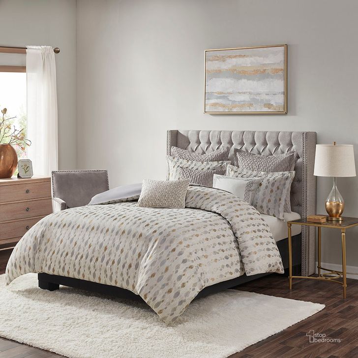 The appearance of Polyester Jacquard 9Pcs King Comforter Set In Taupe/Gold designed by Olliix in the transitional interior design. This taupe/gold piece of furniture  was selected by 1StopBedrooms from Sanctuary Collection to add a touch of cosiness and style into your home. Sku: MPS10-459. Material: Polyester. Bed Size: King. Product Type: Comforter Set. Image1