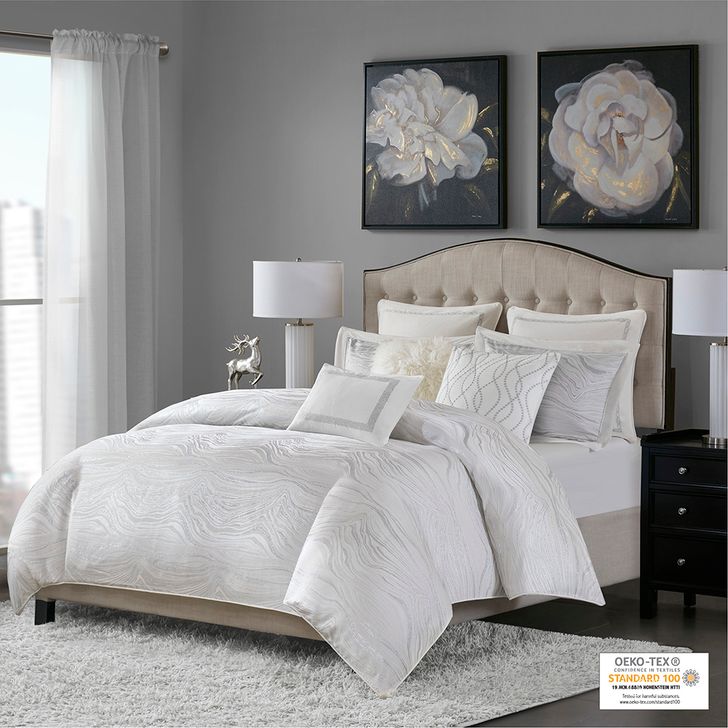 The appearance of Polyester Jacquard Metallic 9Pcs King Comforter Set In White designed by Olliix in the transitional interior design. This white piece of furniture  was selected by 1StopBedrooms from Hollywood Glam Collection to add a touch of cosiness and style into your home. Sku: MPS10-311. Material: Polyester. Bed Size: King. Product Type: Comforter Set. Image1