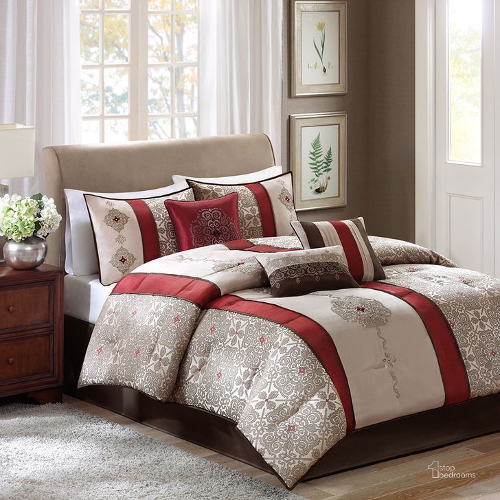 The appearance of Polyester Jacquard Pieced 7Pcs Queen Comforter Set With Embroidery In Red designed by Olliix in the traditional interior design. This red piece of furniture  was selected by 1StopBedrooms from Donovan Collection to add a touch of cosiness and style into your home. Sku: MP10-749. Material: Polyester. Bed Size: Queen. Product Type: Comforter Set. Image1