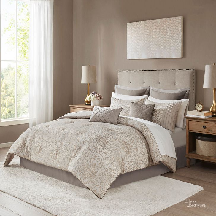 The appearance of Polyester Jaquard 12Pcs Queen Comforter Set In Khaki designed by Olliix in the traditional interior design. This khaki piece of furniture  was selected by 1StopBedrooms from Emilia Collection to add a touch of cosiness and style into your home. Sku: MP10-7204. Material: Polyester. Bed Size: Queen. Product Type: Comforter Set. Image1