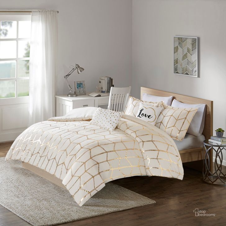 The appearance of Polyester Microfiber Brushed Metallic Printed 5Pcs King Duvet Cover Set In Ivory/Gold designed by Olliix in the modern / contemporary interior design. This ivory/gold piece of furniture  was selected by 1StopBedrooms from Raina Collection to add a touch of cosiness and style into your home. Sku: ID12-1512. Material: Polyester. Bed Size: King. Product Type: Duvet Cover Set. Image1