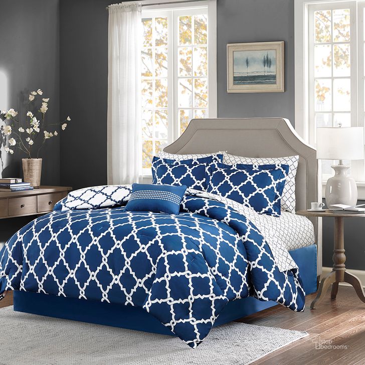 The appearance of Polyester Microfiber Printed 7Pcs Reversible Twin Comforter Set In Navy designed by Olliix in the transitional interior design. This navy piece of furniture  was selected by 1StopBedrooms from Merritt Collection to add a touch of cosiness and style into your home. Sku: MPE10-089. Material: Polyester. Bed Size: Twin. Product Type: Comforter Set. Image1