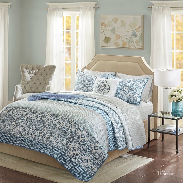 The appearance of Polyester Microfiber Printed 8Pcs Complete King Coverlet Set In Blue designed by Olliix in the country / farmhouse interior design. This blue piece of furniture  was selected by 1StopBedrooms from Sybil Collection to add a touch of cosiness and style into your home. Sku: MPE13-511. Bed Size: King. Material: Cotton. Product Type: Coverlet Set. Image1