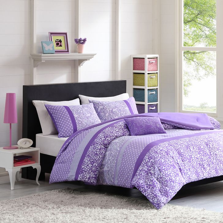 The appearance of Polyester Microfiber Printed Twin Comforter Set In Purple designed by Olliix in the transitional interior design. This purple piece of furniture  was selected by 1StopBedrooms from Riley Collection to add a touch of cosiness and style into your home. Sku: MZ10-223. Material: Polyester. Bed Size: Twin. Product Type: Comforter Set. Image1
