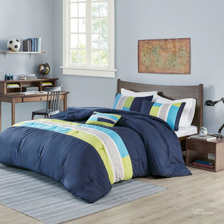 The appearance of Polyester Microfiber Printed King Comforter Set With Piecing In Navy designed by Olliix in the transitional interior design. This navy piece of furniture  was selected by 1StopBedrooms from Pipeline Collection to add a touch of cosiness and style into your home. Sku: MZ10-502. Material: Polyester. Bed Size: King. Product Type: Comforter Set. Image1