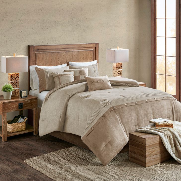 The appearance of Polyester Microsuede Printed 7Pcs Queen Comforter Set In Tan designed by Olliix in the cabin / lodge interior design. This tan piece of furniture  was selected by 1StopBedrooms from Boone Collection to add a touch of cosiness and style into your home. Sku: MP10-6434. Material: Polyester. Bed Size: Queen. Product Type: Comforter Set. Image1