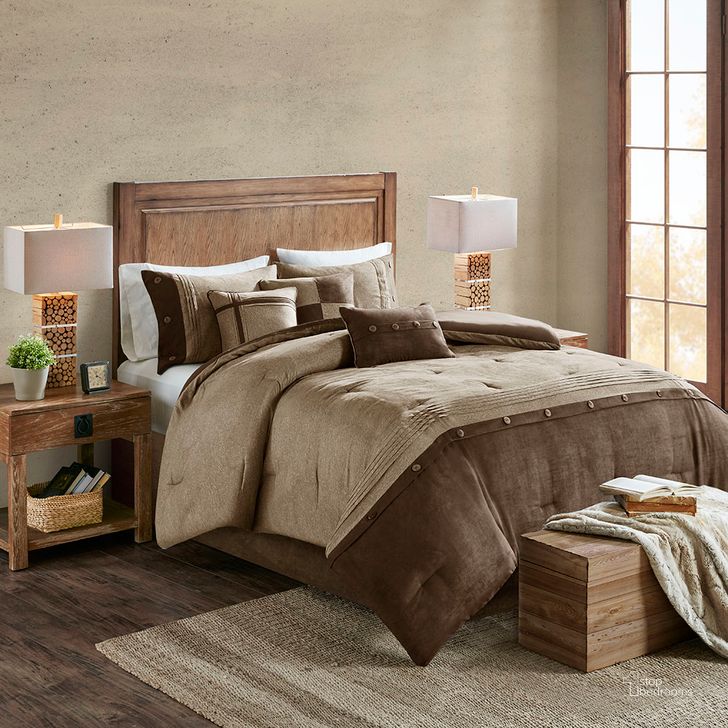 The appearance of Polyester Microsuede Printed Pieced 7Pcs Queen Comforter Set In Brown designed by Olliix in the cabin / lodge interior design. This brown piece of furniture  was selected by 1StopBedrooms from Boone Collection to add a touch of cosiness and style into your home. Sku: MP10-904. Material: Polyester. Bed Size: Queen. Product Type: Comforter Set. Image1