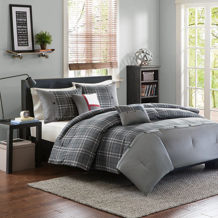The appearance of Polyester Peach Skin Printed 5 Piece King Comforter Set In Grey designed by Olliix in the transitional interior design. This grey piece of furniture  was selected by 1StopBedrooms from Daryl Collection to add a touch of cosiness and style into your home. Sku: ID10-501. Material: Polyester. Bed Size: King. Product Type: Comforter Set. Image1