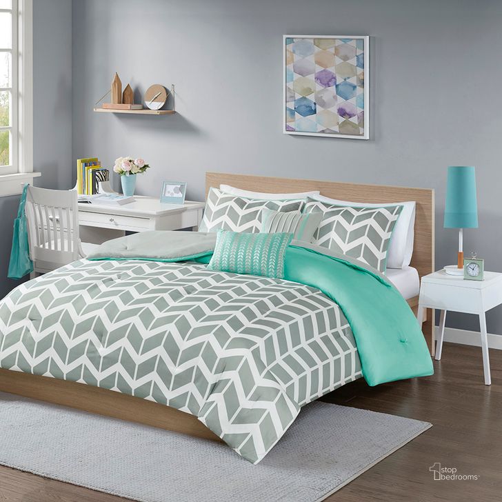 The appearance of Polyester Peach Skin Printed 5Pcs Queen Comforter Set In Aqua designed by Olliix in the modern / contemporary interior design. This aqua piece of furniture  was selected by 1StopBedrooms from Nadia Collection to add a touch of cosiness and style into your home. Sku: ID10-232. Material: Polyester. Bed Size: Queen. Product Type: Comforter Set. Image1
