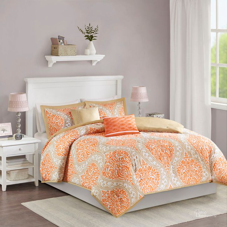 The appearance of Polyester Peach Skin Printed 5Pcs King Comforter Set In Orange designed by Olliix in the transitional interior design. This orange piece of furniture  was selected by 1StopBedrooms from Senna Collection to add a touch of cosiness and style into your home. Sku: ID10-237. Material: Polyester. Bed Size: King. Product Type: Comforter Set. Image1