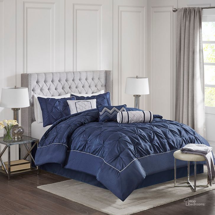 The appearance of Polyester Polyoni 7 Piece Queen Comforter Set With Tufted In Navy designed by Olliix in the transitional interior design. This navy piece of furniture  was selected by 1StopBedrooms from Laurel Collection to add a touch of cosiness and style into your home. Sku: MP10-2240. Material: Polyester. Bed Size: Queen. Product Type: Comforter Set. Image1