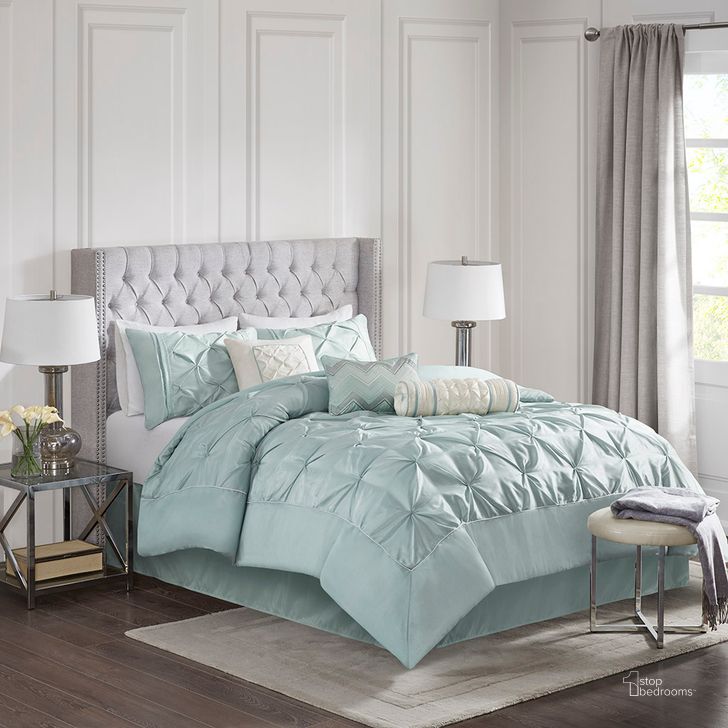 The appearance of Polyester Polyoni 7Pcs Queen Comforter Set With Pleats In Seafoam designed by Olliix in the transitional interior design. This seafoam piece of furniture  was selected by 1StopBedrooms from Laurel Collection to add a touch of cosiness and style into your home. Sku: MP10-639. Material: Polyester. Bed Size: Queen. Product Type: Comforter Set. Image1