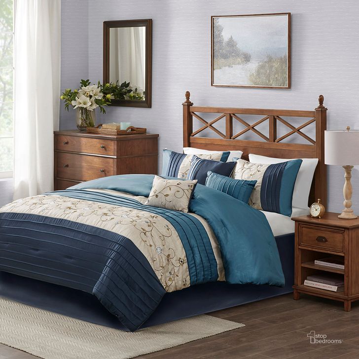 The appearance of Polyester Polyoni Pieced 7Pcs Queen Comforter Set In Navy designed by Olliix in the transitional interior design. This navy piece of furniture  was selected by 1StopBedrooms from Serene Collection to add a touch of cosiness and style into your home. Sku: MP10-3449. Material: Polyester. Bed Size: Queen. Product Type: Comforter Set. Image1