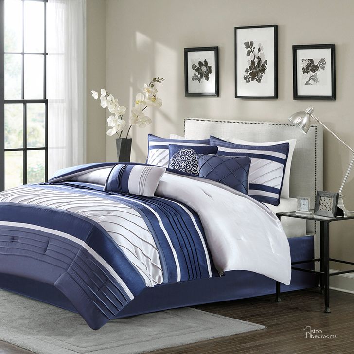 The appearance of Polyester Polyoni Pieced 7Pcs California King Comforter Set In Navy designed by Olliix in the transitional interior design. This navy piece of furniture  was selected by 1StopBedrooms from Blaire Collection to add a touch of cosiness and style into your home. Sku: MP10-4519. Material: Polyester. Bed Size: California King. Product Type: Comforter Set. Image1