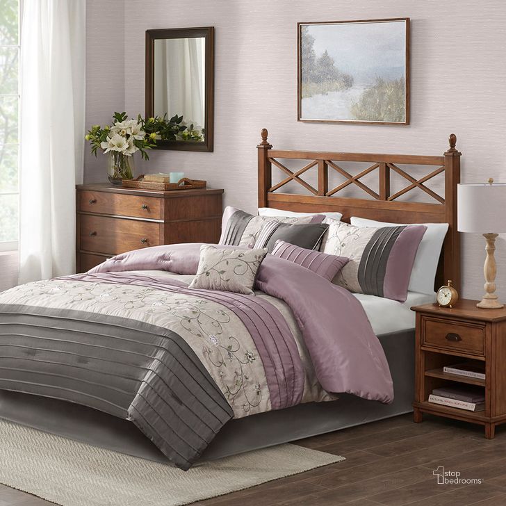The appearance of Polyester Polyoni Pieced 7Pcs King Comforter Set In Purple designed by Olliix in the transitional interior design. This purple piece of furniture  was selected by 1StopBedrooms from Serene Collection to add a touch of cosiness and style into your home. Sku: MP10-3447. Material: Polyester. Bed Size: King. Product Type: Comforter Set. Image1