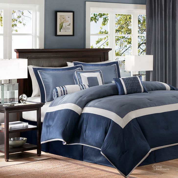 The appearance of Polyester Polyoni Solid Pieced 7Pcs Queen Comforter Set In Navy designed by Olliix in the transitional interior design. This navy piece of furniture  was selected by 1StopBedrooms from Genevieve Collection to add a touch of cosiness and style into your home. Sku: MP10-4041. Material: Polyester. Bed Size: Queen. Product Type: Comforter Set. Image1