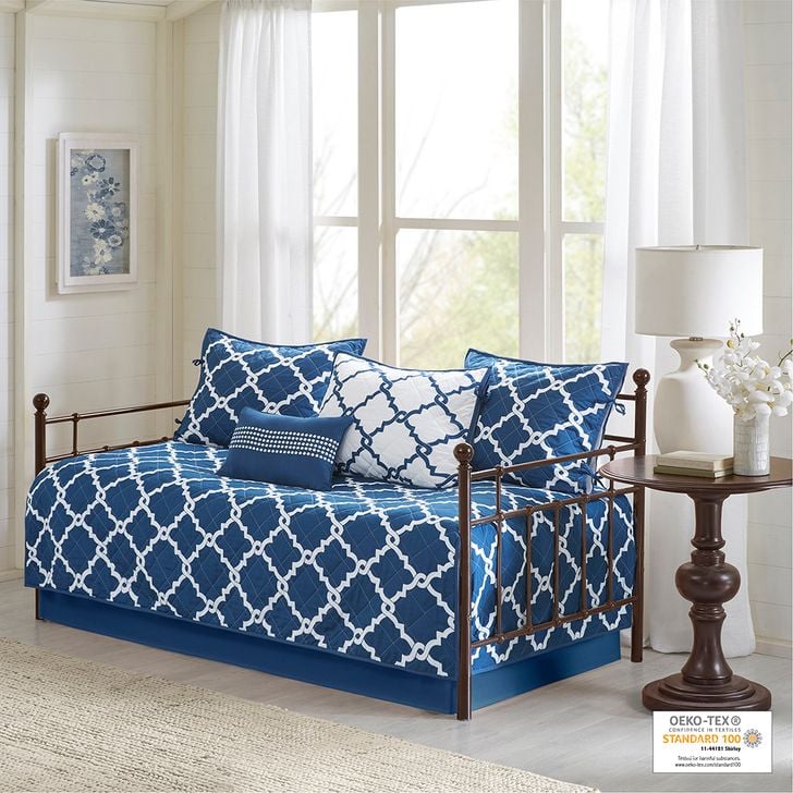 The appearance of Polyester Printed 6Pcs Daybed Set In Navy designed by Olliix in the transitional interior design. This navy piece of furniture  was selected by 1StopBedrooms from Merritt Collection to add a touch of cosiness and style into your home. Sku: MPE13-627. Material: Cotton. Product Type: Comforter Set. Image1