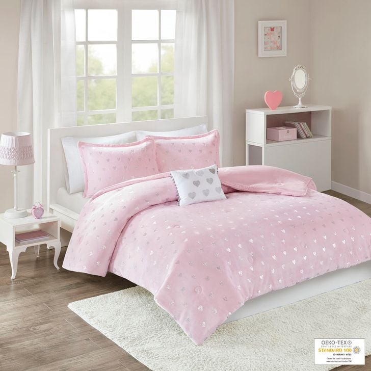The appearance of Polyester Printed Brushed Queen Comforter Set In Pink/Silver designed by Olliix in the transitional interior design. This pink/silver piece of furniture  was selected by 1StopBedrooms from Rosalie Collection to add a touch of cosiness and style into your home. Sku: MZ10-0572. Material: Polyester. Bed Size: Queen. Product Type: Comforter Set. Image1