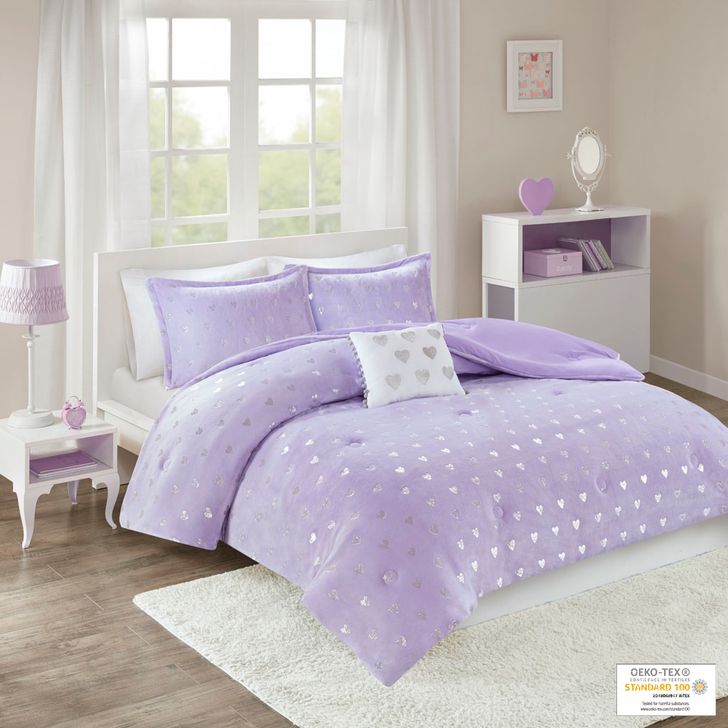 The appearance of Polyester Printed Brushed Twin Comforter Set In Purple/Silver designed by Olliix in the transitional interior design. This purple/silver piece of furniture  was selected by 1StopBedrooms from Rosalie Collection to add a touch of cosiness and style into your home. Sku: MZ10-0573. Material: Polyester. Bed Size: Twin. Product Type: Comforter Set. Image1