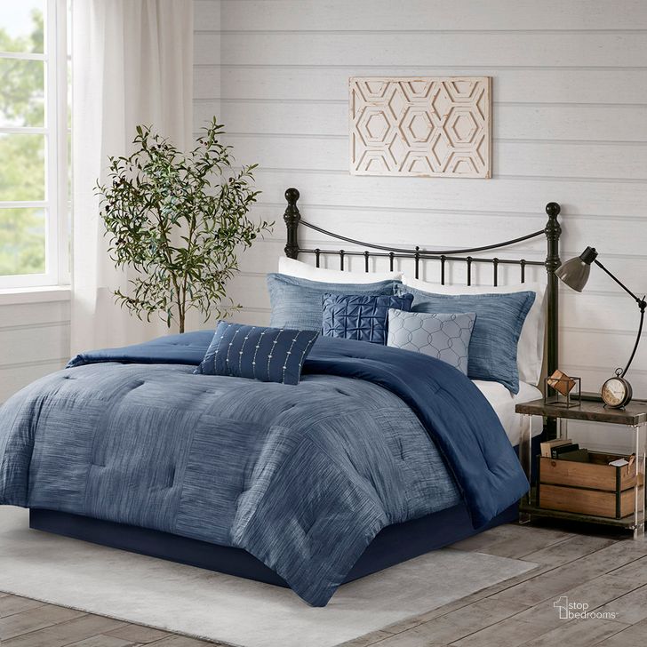 The appearance of Polyester Printed Seersucker 7Pcs Queen Comforter Set In Navy designed by Olliix in the transitional interior design. This navy piece of furniture  was selected by 1StopBedrooms from Walter Collection to add a touch of cosiness and style into your home. Sku: MP10-7129. Material: Microfiber. Bed Size: Queen. Product Type: Comforter Set. Image1