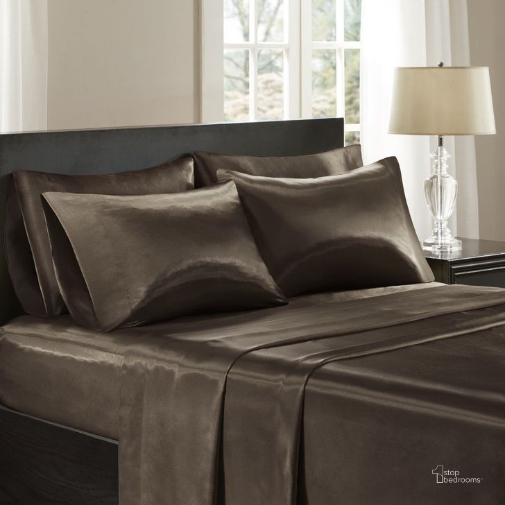The appearance of Polyester Satin Solid California King Sheet Set In Chocolate designed by Olliix in the transitional interior design. This chocolate piece of furniture  was selected by 1StopBedrooms from Satin Collection to add a touch of cosiness and style into your home. Sku: SHET20-508. Material: Polyester. Bed Size: California King. Product Type: Bed Sheet. Image1