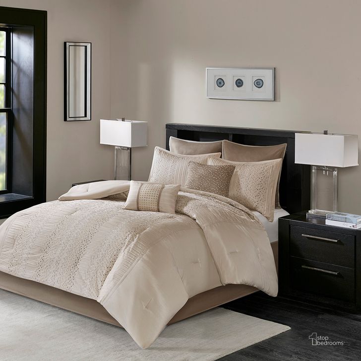 The appearance of Polyester Solid Pieced Embroidered 8Pcs King Comforter Set In Natural designed by Olliix in the transitional interior design. This natural piece of furniture  was selected by 1StopBedrooms from Camelia Collection to add a touch of cosiness and style into your home. Sku: MP10-4689. Material: Polyester. Bed Size: King. Product Type: Comforter Set. Image1