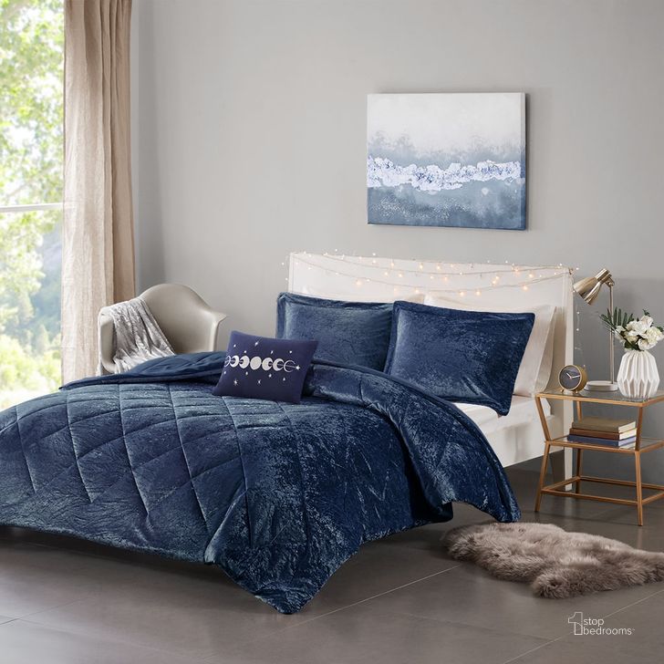 The appearance of Polyester Velvet Twin Comforter Set In Navy designed by Olliix in the transitional interior design. This navy piece of furniture  was selected by 1StopBedrooms from Felicia Collection to add a touch of cosiness and style into your home. Sku: ID10-1660. Material: Polyester. Bed Size: Twin. Product Type: Comforter Set. Image1