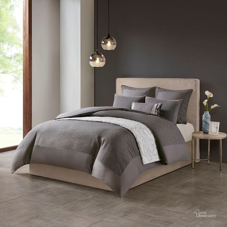 The appearance of Polyester Yarn Dyed Pieced King Comforter Set In Grey designed by Olliix in the transitional interior design. This grey piece of furniture  was selected by 1StopBedrooms from Hanae Collection to add a touch of cosiness and style into your home. Sku: NS10-3250. Material: Polyester. Bed Size: King. Product Type: Comforter Set. Image1