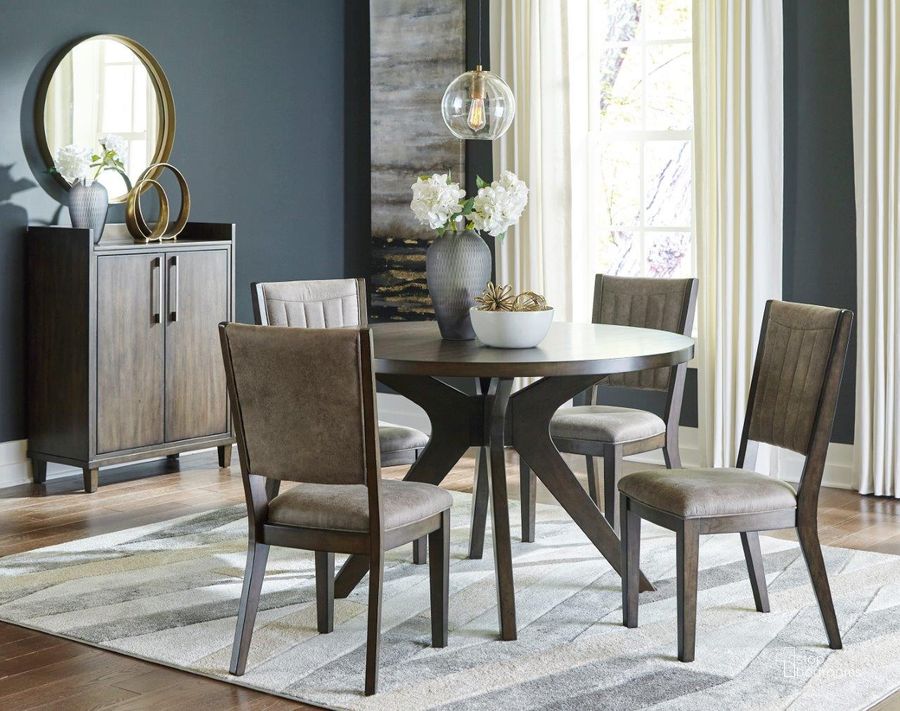 The appearance of Poplar Valley Dark Brown Dining Set designed by Atelier Home in the modern / contemporary interior design. This dark brown piece of furniture  was selected by 1StopBedrooms from Poplar Valley Collection to add a touch of cosiness and style into your home. Sku: D374-15;D374-01. Material: Wood. Product Type: Dining Room Set. Image1