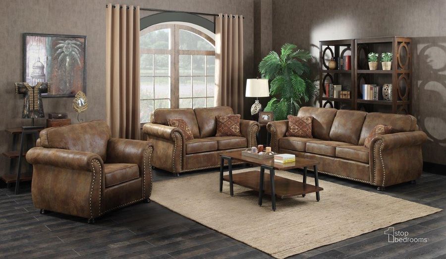The appearance of Porter Design Elk River Leather-Look And Nail Head Living Room Set In Brown designed by Porter Designs in the transitional interior design. This brown piece of furniture  was selected by 1StopBedrooms from Elk River Collection to add a touch of cosiness and style into your home. Sku: 01-33C-01-975-KIT. Material: Fabric. Product Type: Living Room Set. Image1