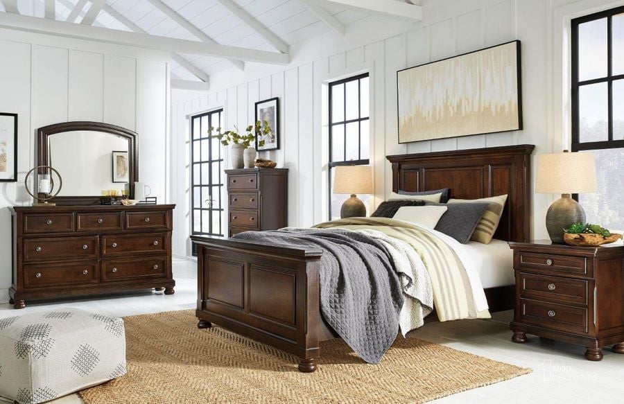 The appearance of Porter Rustic Brown Panel Bedroom Set designed by Signature Design by Ashley in the transitional interior design. This rustic brown piece of furniture  was selected by 1StopBedrooms from Porter Collection to add a touch of cosiness and style into your home. Sku: B697-54;B697-57;B697-96;B697-92. Bed Type: Panel Bed. Material: Wood. Product Type: Panel Bed. Bed Size: Queen. Image1