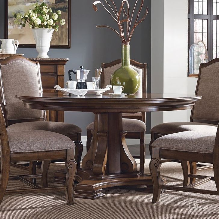 The appearance of Portolone 60" Round Dining Room Set designed by Kincaid in the traditional interior design. This brown piece of furniture  was selected by 1StopBedrooms from Portolone Collection to add a touch of cosiness and style into your home. Sku: 95-052P;95-061. Table Base Style: Pedestal. Table Top Shape: Round. Material: Wood. Product Type: Dining Room Set. Image1