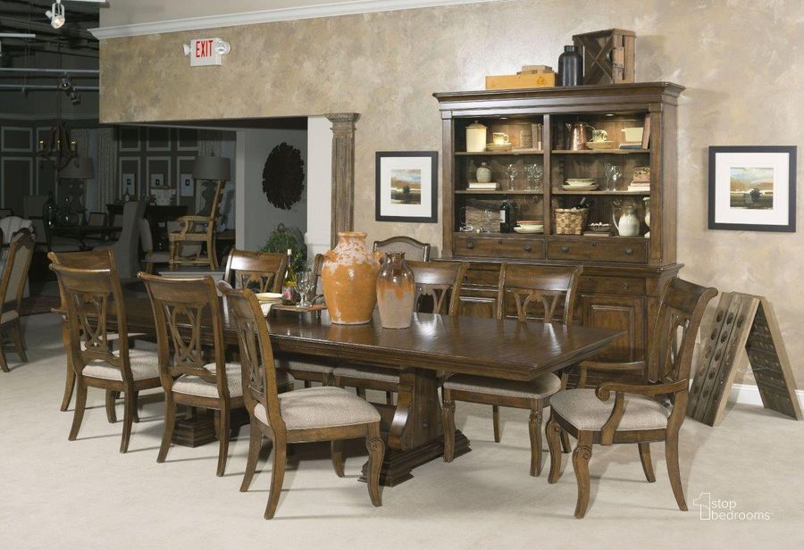 The appearance of Portolone Carusso Dining Room Set designed by Kincaid in the traditional interior design. This brown piece of furniture  was selected by 1StopBedrooms from Portolone Collection to add a touch of cosiness and style into your home. Sku: 95-054T;95-054B;95-061. Table Base Style: Trestle. Material: Wood. Product Type: Dining Room Set. Table Top Shape: Rectangular. Image1