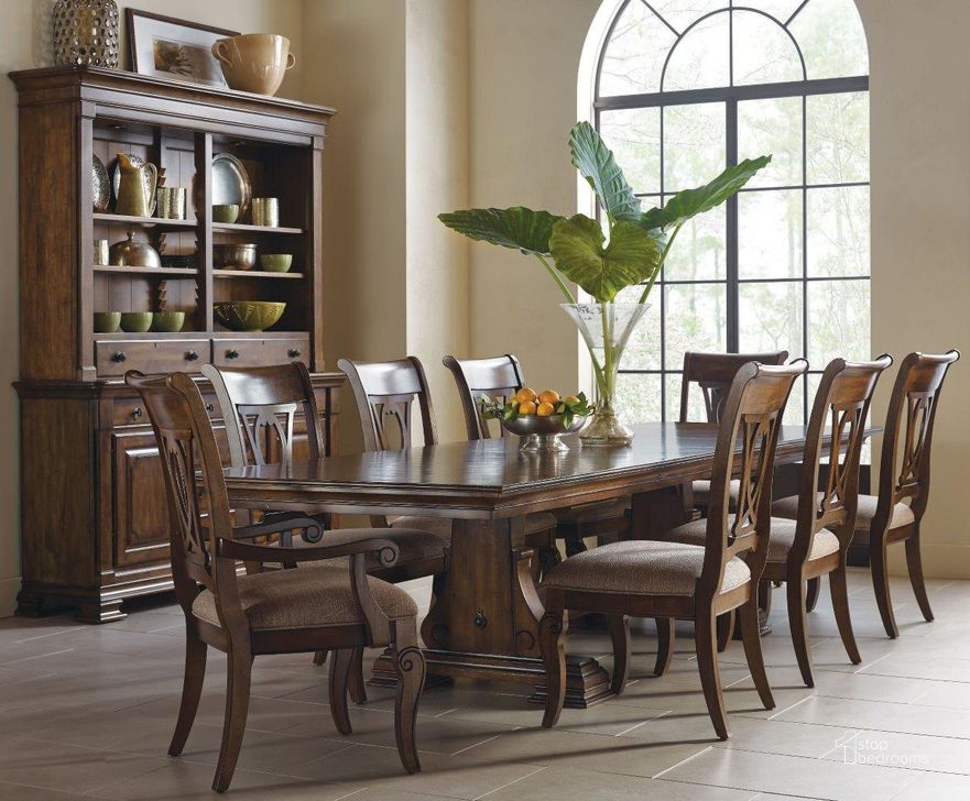 The appearance of Portolone Carusso Extendable Dining Room Set designed by Kincaid in the traditional interior design. This brown piece of furniture  was selected by 1StopBedrooms from Portolone Collection to add a touch of cosiness and style into your home. Sku: 95-054P;95-061. Table Base Style: Trestle. Material: Wood. Product Type: Dining Room Set. Table Top Shape: Rectangular. Image1