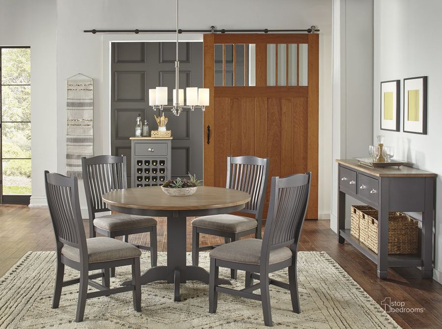 The appearance of Port Townsend Grey And Seaside Pine 48" Round Dining Room Set designed by A-America in the transitional interior design. This gray piece of furniture  was selected by 1StopBedrooms from Port Townsend Collection to add a touch of cosiness and style into your home. Sku: POTSP625B;POTSP625T;POTSP2452. Table Base Style: Pedestal. Table Top Shape: Round. Product Type: Dining Room Set. Material: Pine. Image1