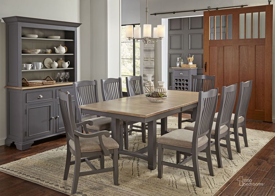 The appearance of Port Townsend Grey And Seaside Pine Extendable Rectangular Trestle Dining Room Set designed by A-America in the transitional interior design. This gray piece of furniture  was selected by 1StopBedrooms from Port Townsend Collection to add a touch of cosiness and style into your home. Sku: POTSP631B;POTSP631T;POTSP2452. Table Base Style: Trestle. Product Type: Dining Room Set. Table Top Shape: Rectangular. Material: Pine. Image1