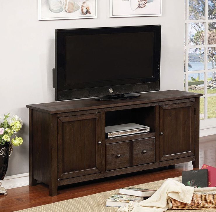 The appearance of Presho Dark Oak 60 Inch TV Console designed by Furniture of America in the transitional interior design. This brown piece of furniture  was selected by 1StopBedrooms from Presho Collection to add a touch of cosiness and style into your home. Sku: CM5902DA-TV-60. Material: Wood. Product Type: TV Stands and TV Console. Image1
