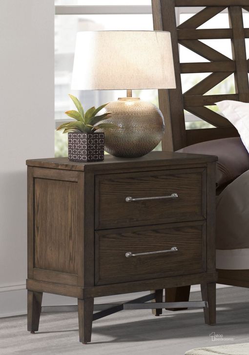 The appearance of Preston Weathered Vintage Oak 2 Drawer Nightstand designed by Intercon in the transitional interior design. This brown piece of furniture  was selected by 1StopBedrooms from Preston Collection to add a touch of cosiness and style into your home. Sku: PN-BR-3502-WVO-C. Product Type: Nightstand. Image1