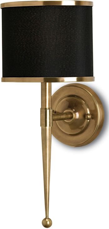 The appearance of Primo Brass Wall Sconce With Black Shade designed by Currey & Company in the modern / contemporary interior design. This brass piece of furniture  was selected by 1StopBedrooms from Primo Collection to add a touch of cosiness and style into your home. Sku: 5021. Product Type: Wall Sconce. Material: Brass. Image1
