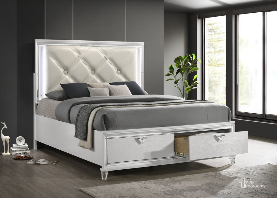 The appearance of Prism 4 Piece King Bedroom Set with LED Accents and V Shape Handles In White designed by Galaxy Home Furnishings in the modern / contemporary interior design. This white piece of furniture  was selected by 1StopBedrooms from Prism Collection to add a touch of cosiness and style into your home. Sku: 601955549332. Material: Wood. Product Type: Bedroom Set. Image1