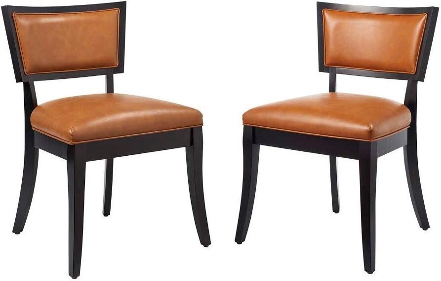 The appearance of Pristine Tan Vegan Leather Dining Chairs - Set Of 2 designed by Modway in the modern / contemporary interior design. This tan piece of furniture  was selected by 1StopBedrooms from Pristine Collection to add a touch of cosiness and style into your home. Sku: EEI-4558-TAN. Product Type: Dining Chair. Material: Rubberwood. Image1