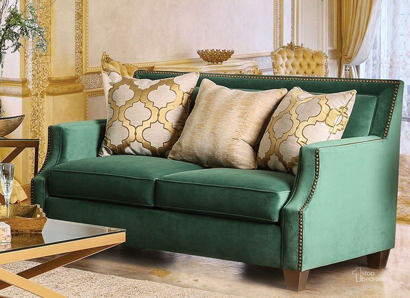 The appearance of Pritchard Green Loveseat designed by Isaac Tahari in the transitional interior design. This green piece of furniture  was selected by 1StopBedrooms from Pritchard Collection to add a touch of cosiness and style into your home. Sku: SM2271-LV. Material: Fabric. Product Type: Loveseat. Key Features: Nailhead Trim. Image1