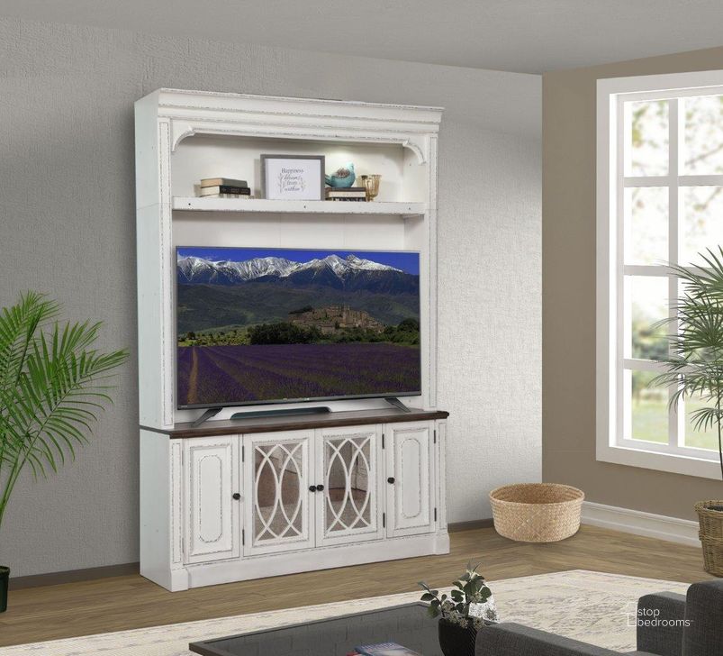 The appearance of Provence Vintage Alabaster TV Console with Hutch designed by Parker House in the transitional interior design. This white and brown piece of furniture  was selected by 1StopBedrooms from Provence Collection to add a touch of cosiness and style into your home. Sku: PRO#412;PRO#405. Product Type: TV Console. Image1