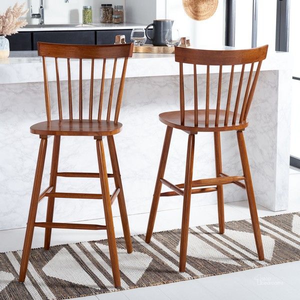 The appearance of Providence Bar Stool in Walnut designed by Safavieh in the country / farmhouse interior design. This walnut piece of furniture  was selected by 1StopBedrooms from Providence Collection to add a touch of cosiness and style into your home. Sku: BST8504F-SET2. Material: Wood. Product Type: Barstool. Image1