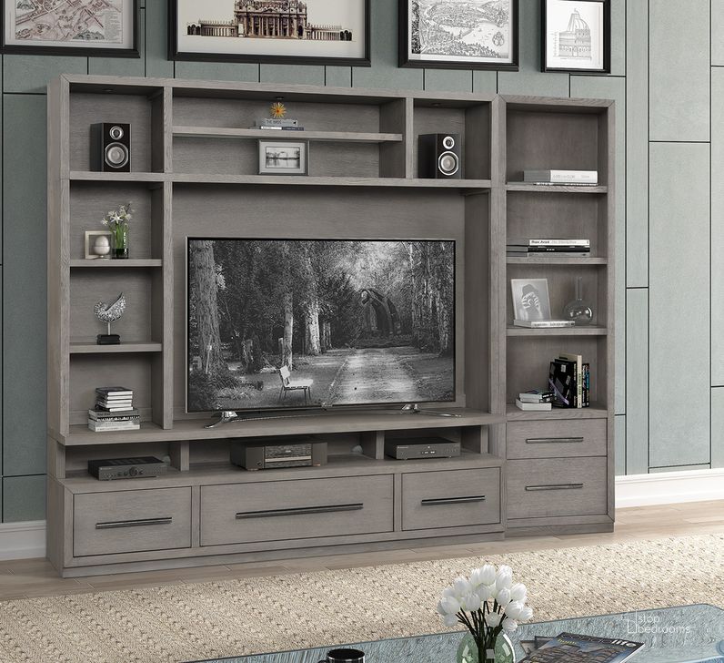 The appearance of Pure Modern 3 Piece Entertainment Wall In Grey designed by Parker House in the modern / contemporary interior design. This grey piece of furniture  was selected by 1StopBedrooms from Pure Modern Collection to add a touch of cosiness and style into your home. Sku: PUR#405;PUR#412;PUR#420. Product Type: Entertainment Center. Material: Wood Veneer.