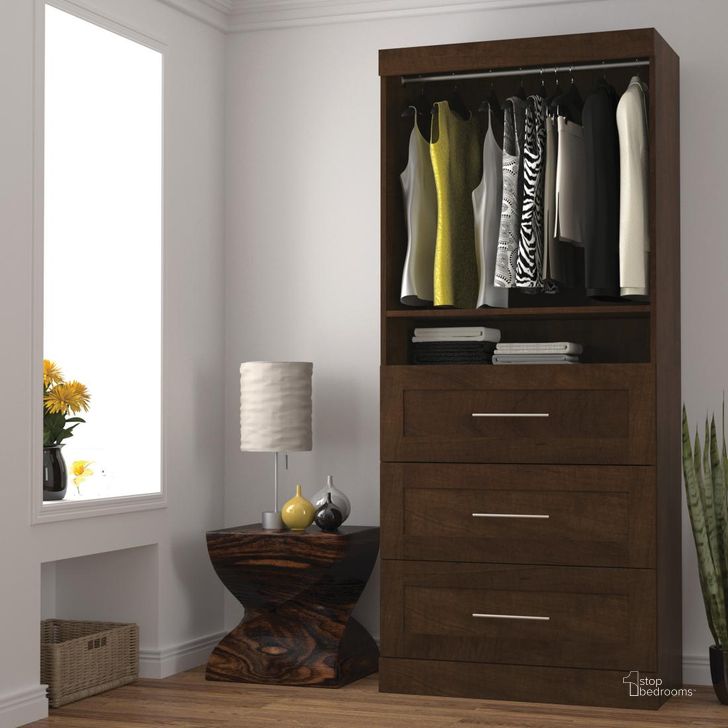 The appearance of Pur Chocolate 36" 3 Drawer Storage Unit designed by Bestar in the modern / contemporary interior design. This brown piece of furniture  was selected by 1StopBedrooms from Pur Collection to add a touch of cosiness and style into your home. Sku: 26872-69. Material: Wood. Product Type: Armoire. Image1