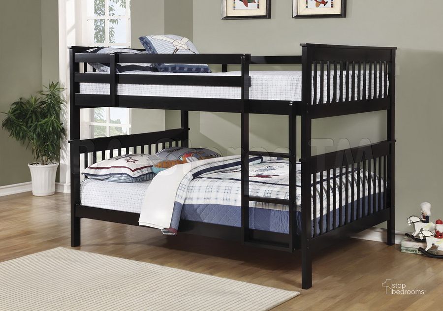 The appearance of Black Full over Full Bunk Bed designed by Coaster in the traditional interior design. This black piece of furniture  was selected by 1StopBedrooms from Black Collection to add a touch of cosiness and style into your home. Sku: 460359B1;460359B2;460359B3. Bed Type: Bunk Bed. Material: Wood. Product Type: Bunk Bed. Bed Size: Full Over Full. Image1